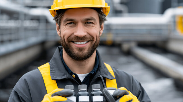 A realistic commercial stock photo of a professional male chemical engineer analyzing effluent discharge samples at industrial outfall monitoring point, safety helmet gloves and pl