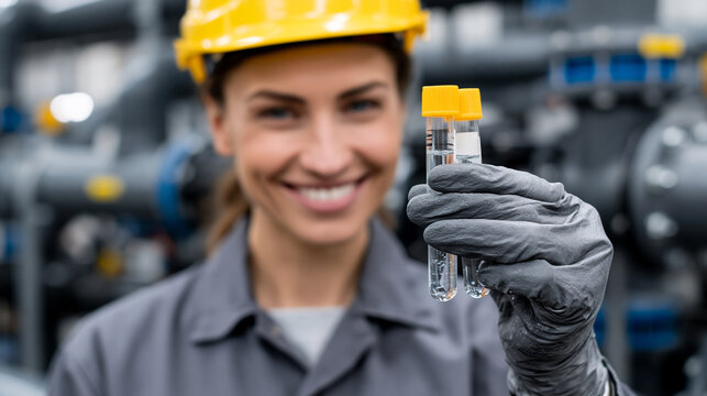 A realistic commercial stock photo of a professional female drinking water quality inspector testing chlorination levels at municipal water distribution pumping station, safety hel