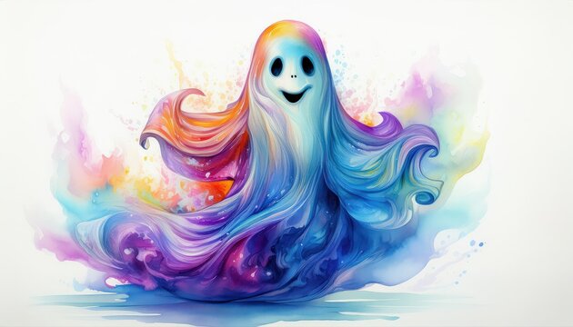 A colorful, whimsical ghost illustration with swirling patterns and a cheerful face, evoking a sense of joy.