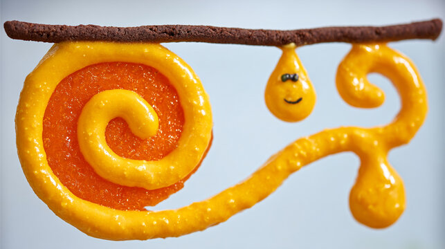 Yellow orange spiral slime art hanging on wooden branch with creature, sculpture