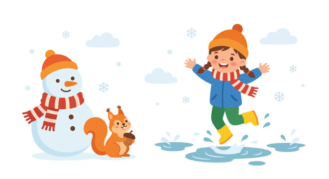 Joyful illustration of a little girl splashing in a puddle beside a friendly snowman and a cute squirrel under a snowy sky with clouds.