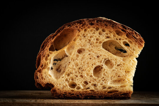 Detail of the inside of a loaf of bread. Front view.