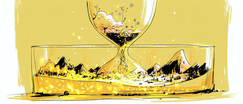 A gigantic transparent hourglass suspended in an endless matte ivory void