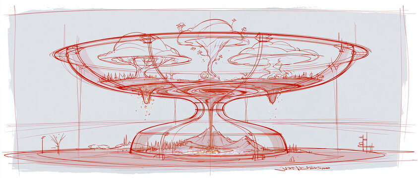 A gigantic transparent hourglass suspended in an endless matte ivory void