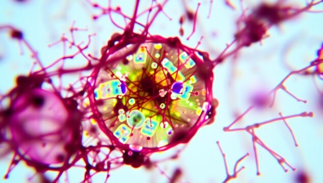 Microscopic View of a Colorful Cell with Branching Structures.