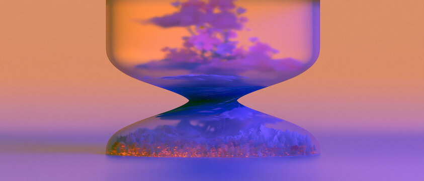 A gigantic transparent hourglass suspended in an endless matte ivory void