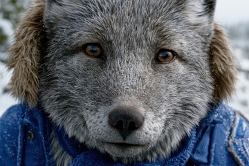 Naklejka premium Close-up portrait of a fluffy arctic fox with piercing brown eyes wearing a blue scarf and jacket