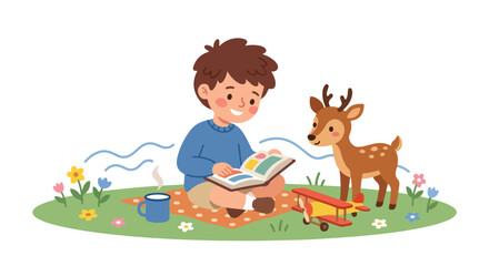 Naklejka premium A cheerful young boy sits on a picnic blanket outdoors, reading an illustrated book to a small, friendly deer in a peaceful meadow setting.