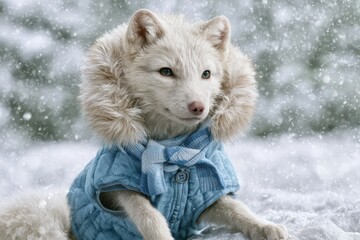 Naklejka premium Adorable white fox cub wearing a cozy blue knitted jacket and scarf in falling snow.