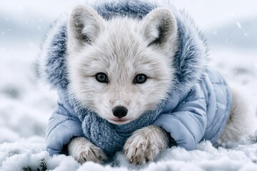 Obraz premium Adorable arctic fox cub wearing a cozy blue winter jacket and scarf, nestled in soft snow during a snowfall.