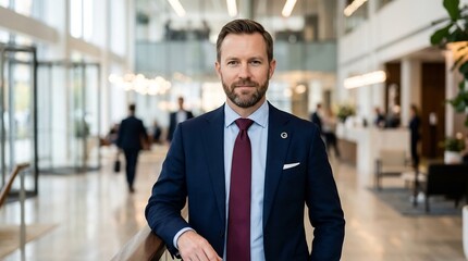 Fototapeta premium Confident businessman leaning on railing in bright office space