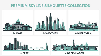 Obraz premium Premium City Skyline Silhouette Collection with Modern International Landmarks and Teal Monochrome Urban Architecture Vector Set