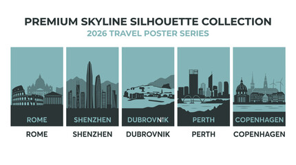 Obraz premium Premium Teal Skyline Silhouette Collection with Minimal Travel Poster Cityscape and Urban Landmark Graphics