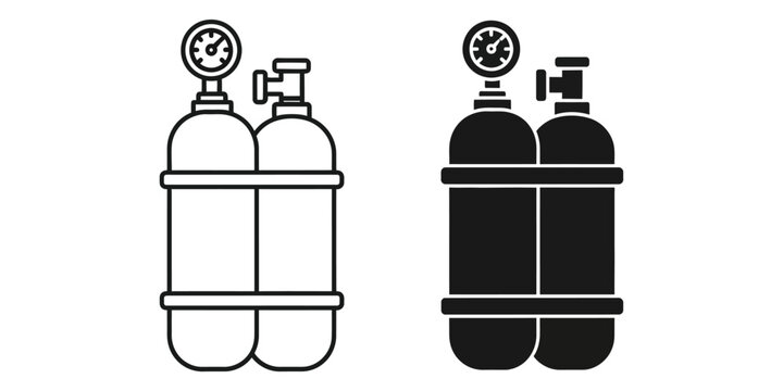 Twin scuba diving tanks with pressure gauge on white background clean line art and silhouette