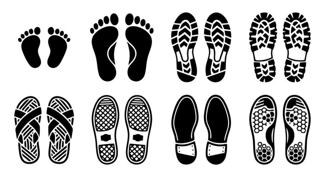 Footprint and Shoe Print Silhouette Collection - Black Vector Icons Set of Barefoot, Boot, Sneaker, Sandal, and Dress Shoe Sole Prints