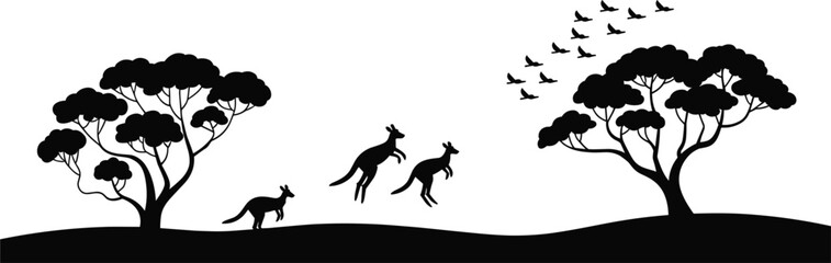 Australian landscape silhouette with kangaroos and trees, wildlife nature scene vector isolated background © Kaiyum