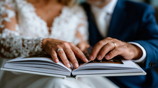 Close-up of bride and groom hands holding the opened wedding album together, rings clearly visible as fingers turn a page revealing ceremony portrait, soft natural window light illuminating the emot