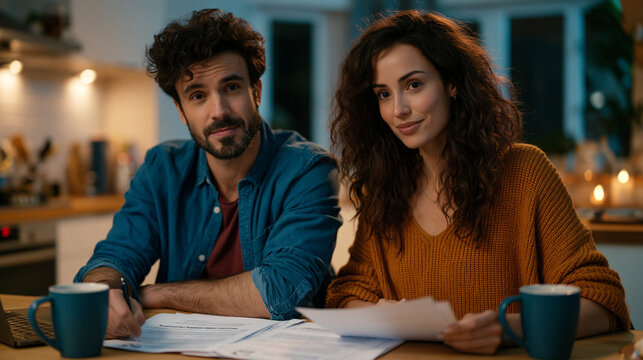 Couple co-founding startup reviewing equity split agreement at kitchen table late evening, partnership agreement documents spread between coffee mugs, co-founder relationship navigating both profess