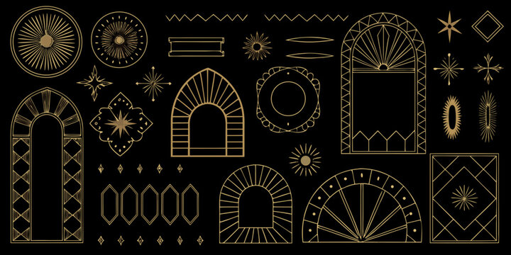 Gold art deco frames and ornamental elements vector illustration