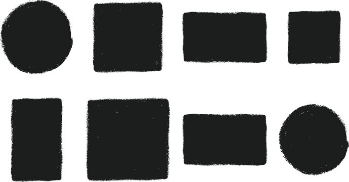 Set of rough textured black geometric shapes circle square rectangle abstract minimal design concept grunge style modern artwork