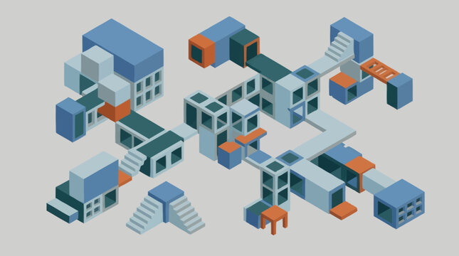 Abstract isometric city blocks and structures connected by walkways.