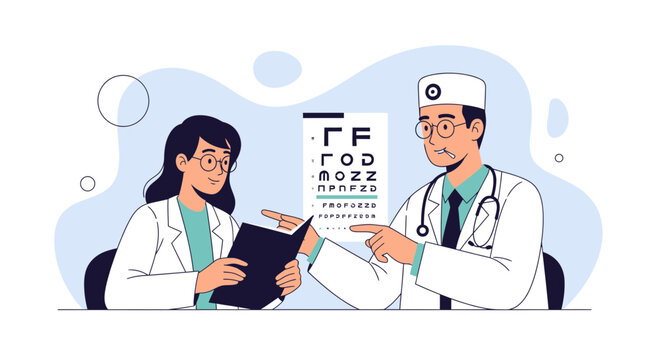 Optometrist consultation with eye chart and patient record, ophthalmology concept