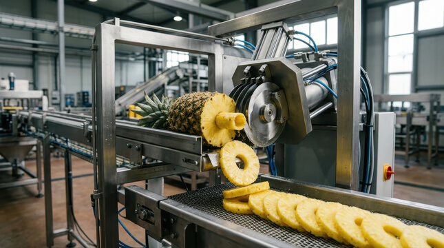 Industrial pineapple processing machine cutting fruit into rings
