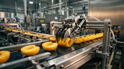 Fototapeta premium Industrial peach processing line with automated fruit slicing machinery