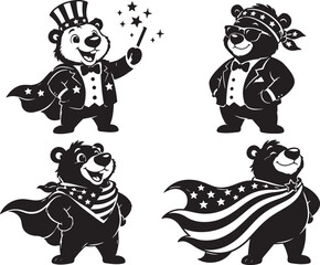 Fototapeta premium Cute Patriotic Bear Mascot Bundle Silhouette Vector Set with American Flag Cape, Cool Cartoon Animal Characters for Independence Day Clipart Design