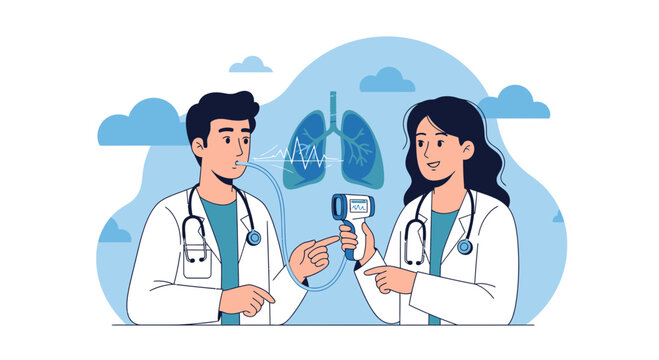 Medical team testing lung function with lung diagram and thermometer
