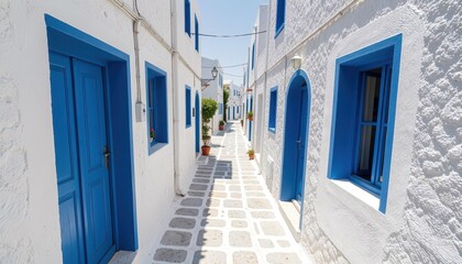 Fototapeta premium Blue Door Alleyway with White Buildings Isolated on Transparent Background