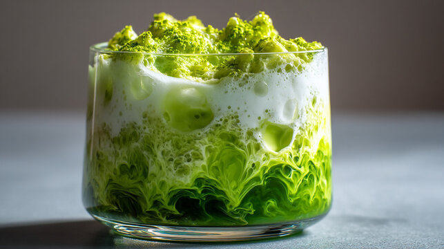 Iced matcha latte layered beverage with cream in a glass beverage refreshing