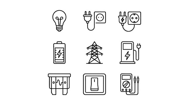 Set of electricity outline icons with bulb plug battery and meter