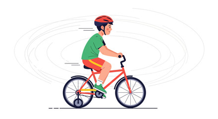 Fototapeta premium Young boy riding bicycle with training wheels, wearing helmet, motion blur