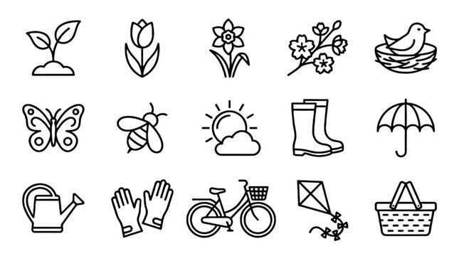 Set of spring outline icons with flowers, bee, bird and umbrella