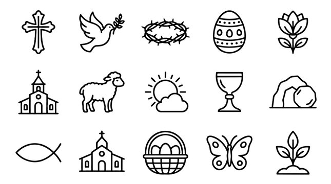 Easter and Christian line icon set with spring symbols