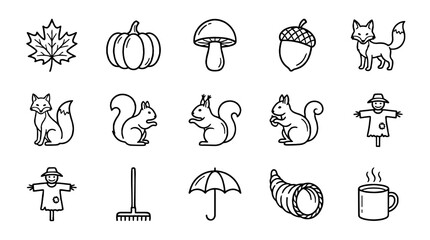 Autumn outline icon set with fall objects and animals © Alan