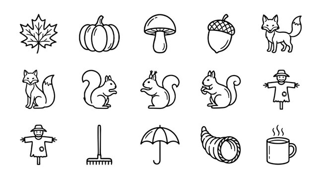 Autumn outline icon set with fall objects and animals