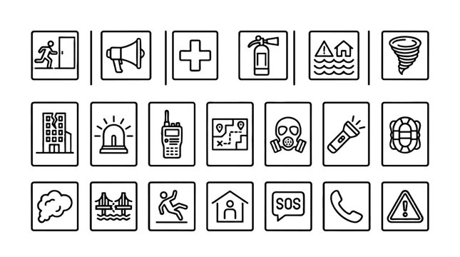 Evacuation and disaster editable stroke icon set