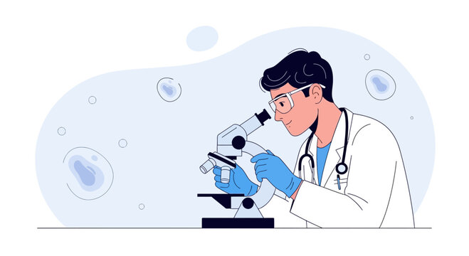 Scientist researcher using microscope in laboratory, medical research flat illustration