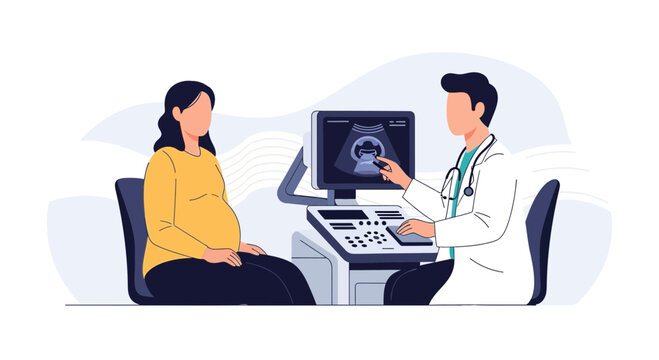 Pregnant woman during ultrasound scan with doctor, healthcare illustration