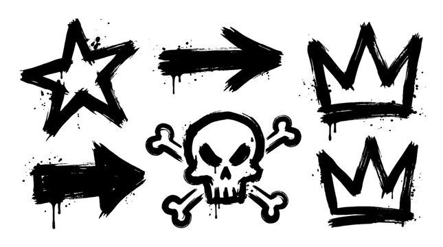 Graffiti brush doodle set with skull arrows star and crowns