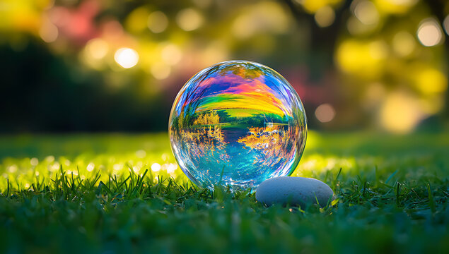 A rainbow-colored glass ball sits