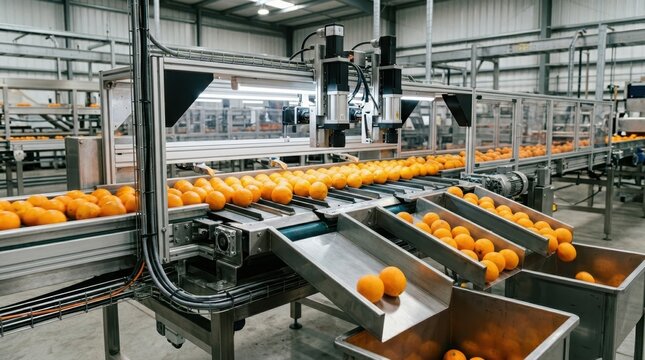 Automated industrial fruit sorting machine processing fresh oranges