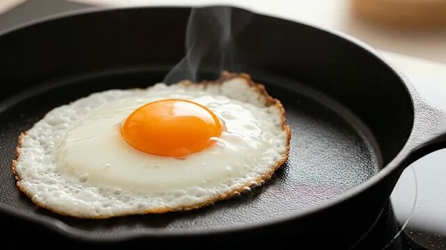 A single fresh egg frying in a hot black cast iron skillet