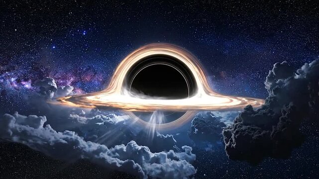 A massive dark singularity surrounded by a glowing ring of light in deep space