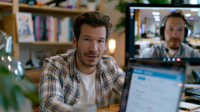 Remote-first hiring manager video interviewing engineering candidate on large desktop monitor, distributed team culture handbook visible on shelf behind, asynchronous onboarding checklist open in fo