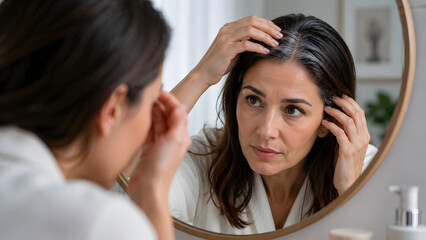 Naklejka premium Woman checking gray hair in mirror looking concerned
