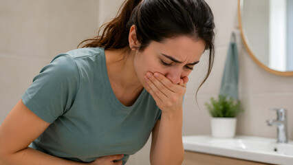 Fototapeta premium woman feeling sick and nauseous in bathroom