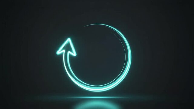 A glowing cyan neon arrow forming a circular motion on a dark background